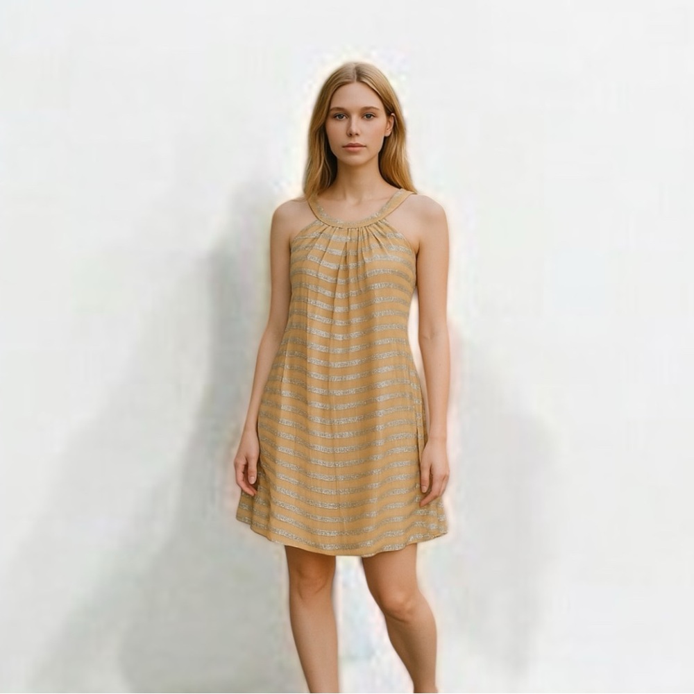 New Yigal Azrouel Nude & Sliver Stripe Ruched Halter Midi Dress 2